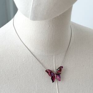 Silver Tone Chain Purple Faux Mother Of Pearl Deco Butterfly Pendant Necklace